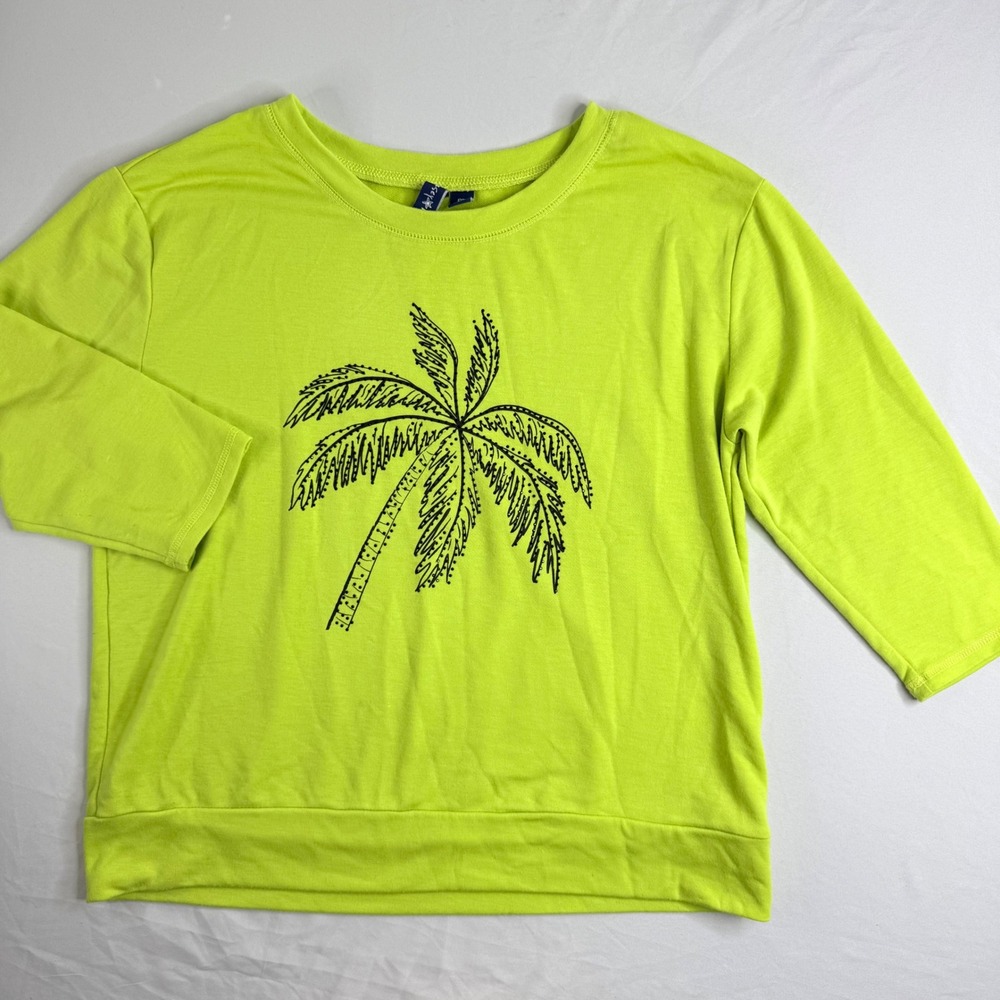 Casey Key Neon Lime Green Palm Tree Rhinestone Sweatshirt Womens PL 3/4 Sleeve